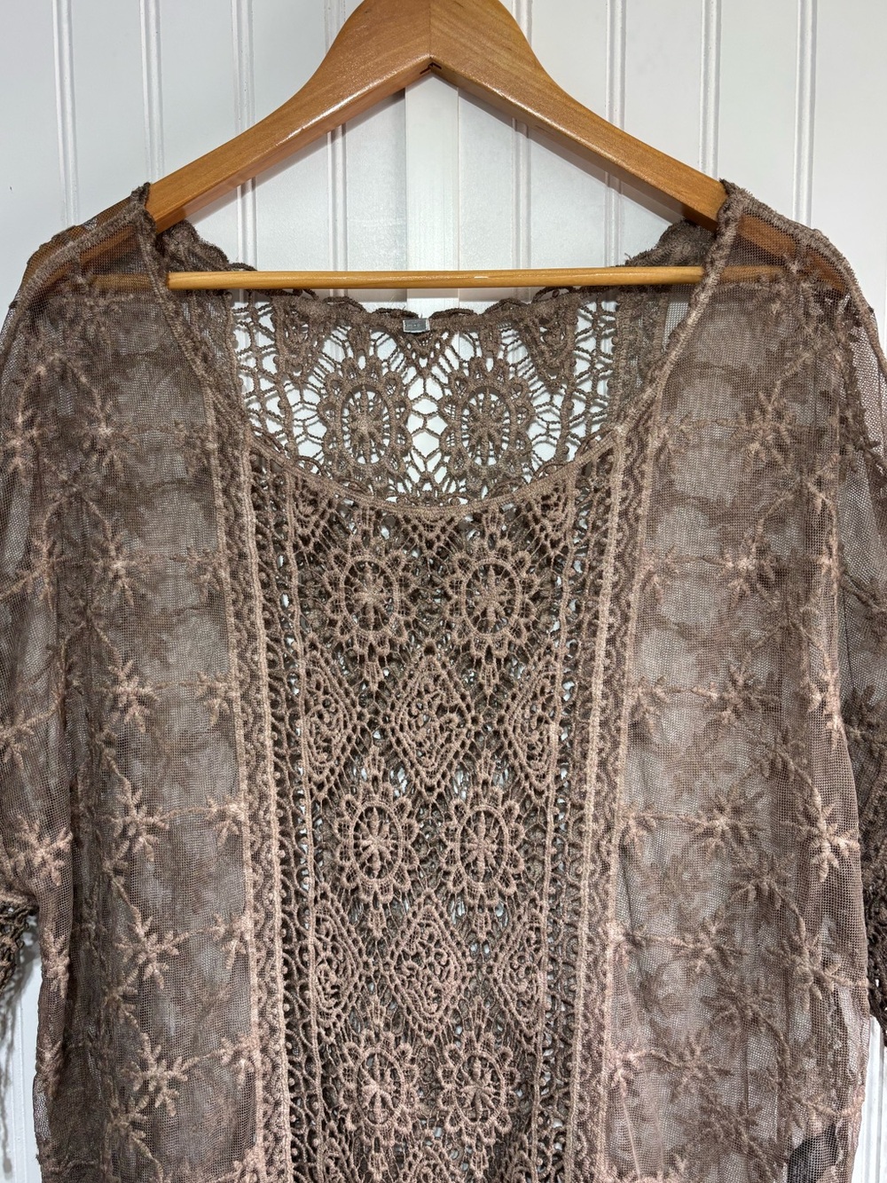 Boho Brown Crochet Lace Fringe Pullover Top Linen Blend Sheer Blouse Approx L/XL - Picture 6 of 13